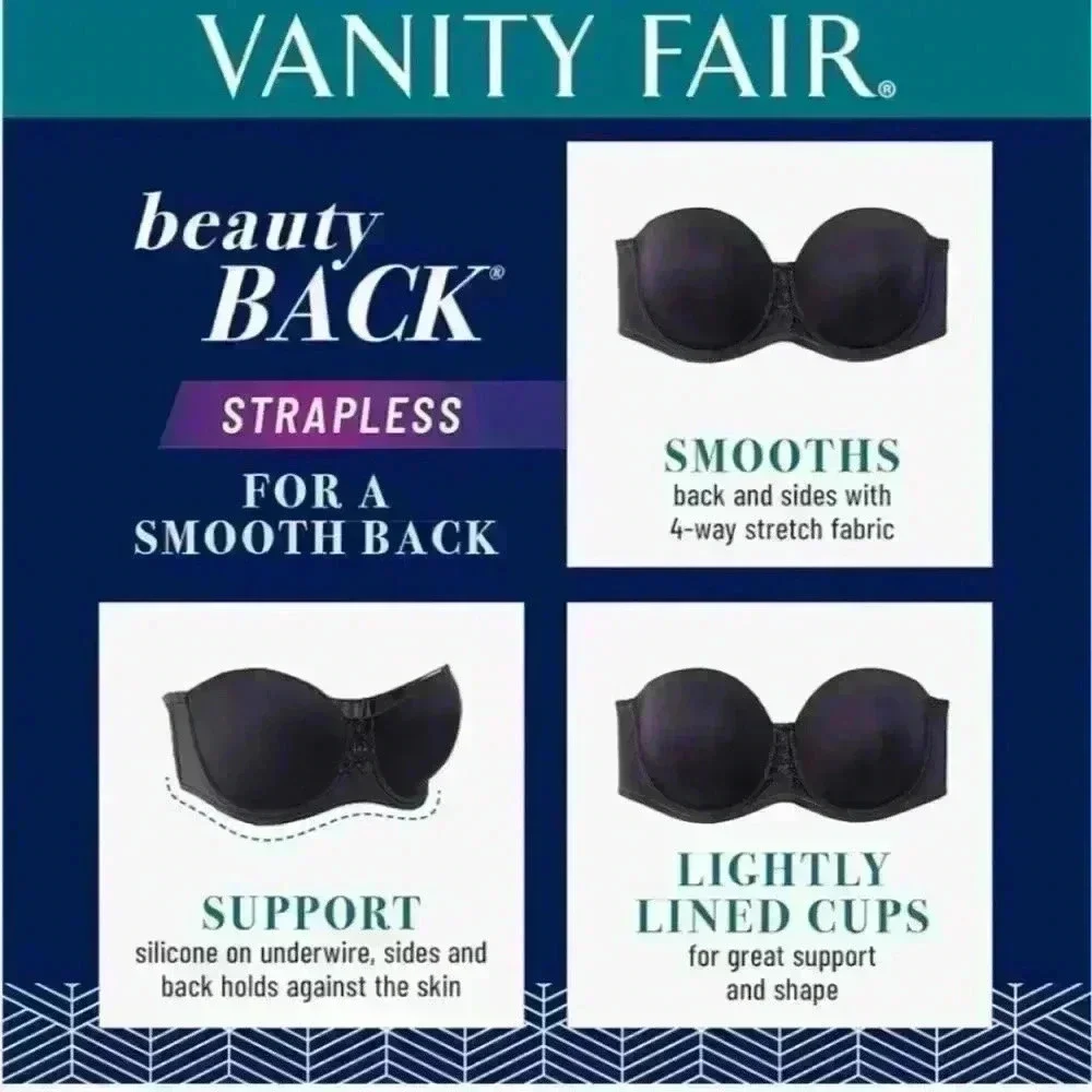 Vanity Fair Black Strapless Smooth Back 5 Way Stretch Bra Women’s‎ Size 36DD